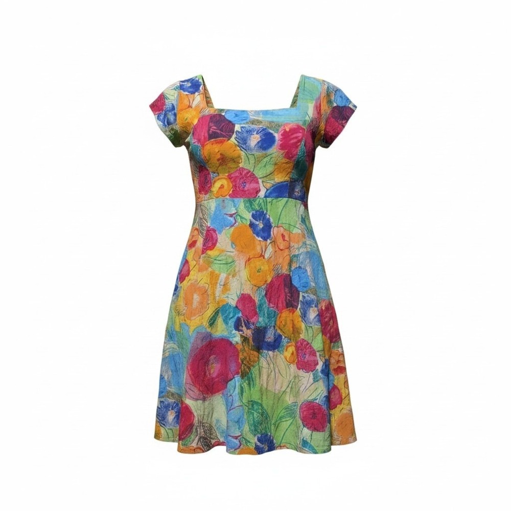 Jams World Vintage Floral Rayon Mini Dress Square Neck Multi Color M Made USA